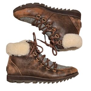 WOMENS SOREL HARLOW COZY DISTRESSED Sz 6.5 LEATHER & WOOL WATERPROOF BOOTS Brown
